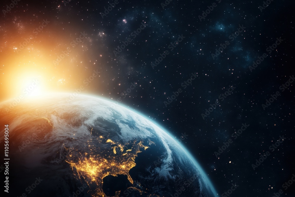 Fototapeta premium Sunrise over Earth showcasing vibrant city lights in North America from space