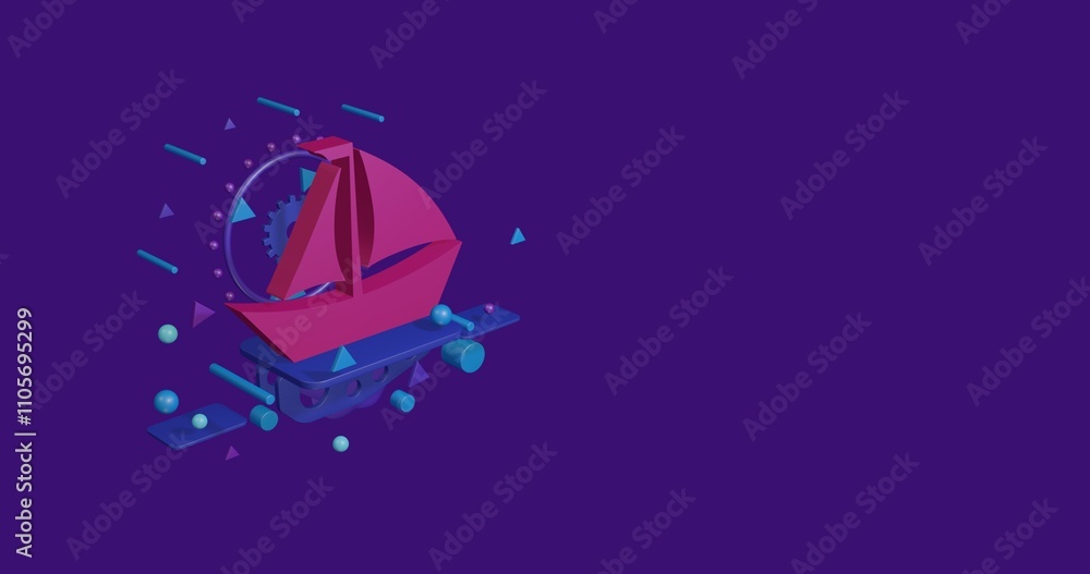 Pink sailing boat symbol on a pedestal of abstract geometric shapes floating in the air. Abstract concept art with flying shapes on the left. 3d illustration on deep purple background Pink sailing boat symbol on a pedestal of abstract geometric shapes floating in the air. Abstract concept art with flying shapes on the left. 3d illustration on deep purple background