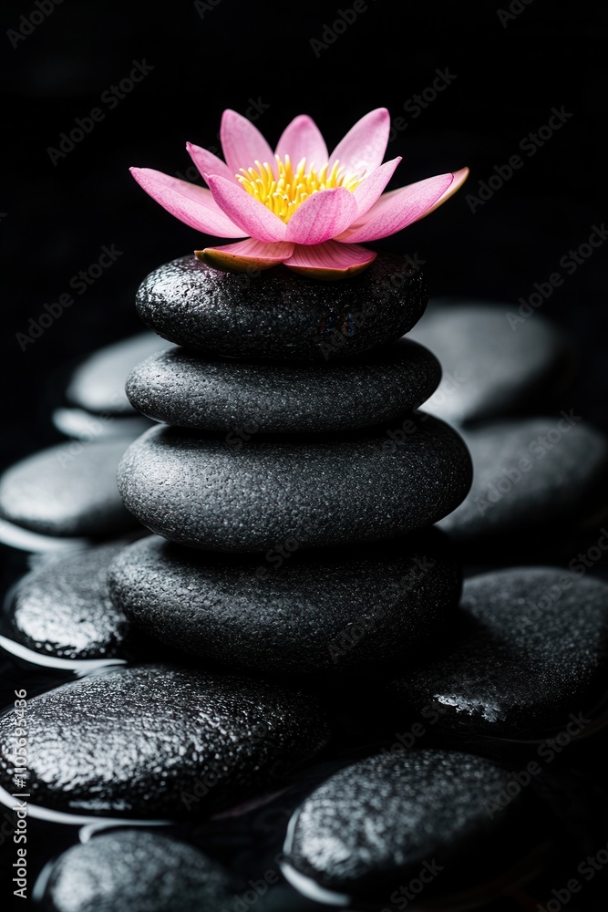 Pink water lily blooming on stacked black stones in tranquil setting Pink water lily blooming on stacked black stones in tranquil setting