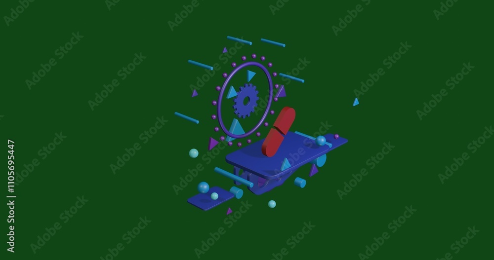 Obraz premium Red medical capsule symbol on a pedestal of abstract geometric shapes floating in the air. Abstract concept art with flying shapes in the center. 3d illustration on green background