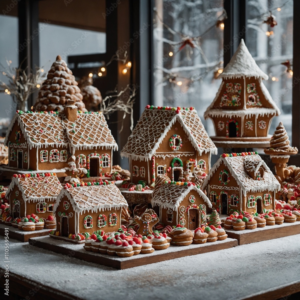 A bakery display of gingerbread houses and festive pastries. A bakery display of gingerbread houses and festive pastries.