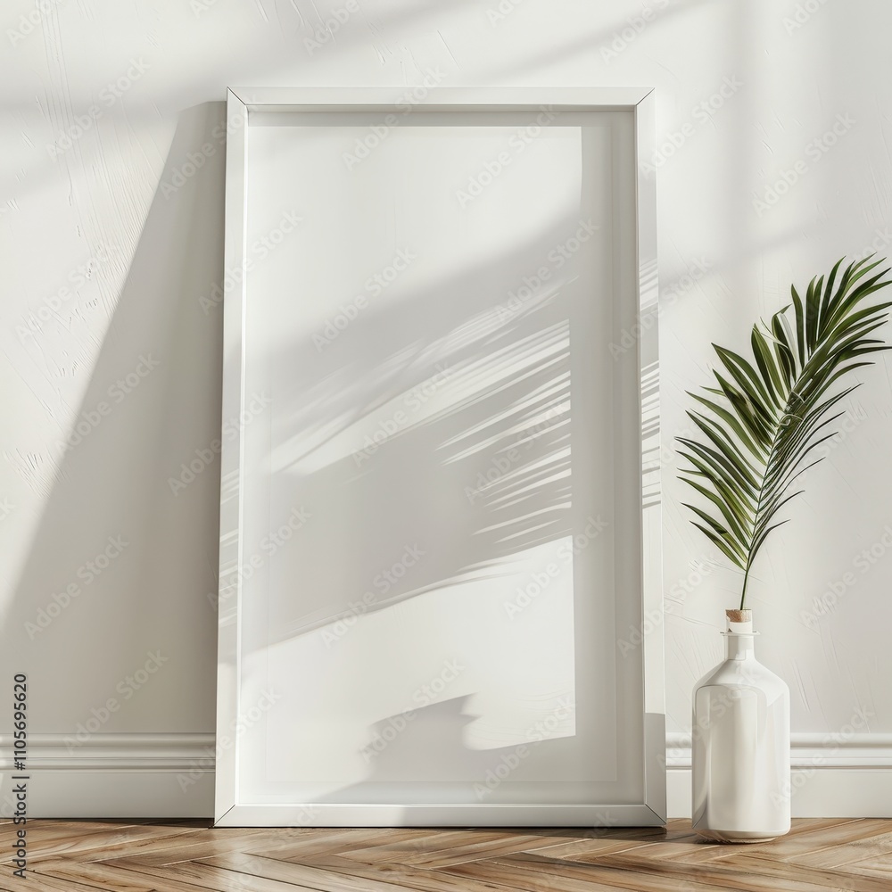 Empty white frame with palm leaves and sunlight shadow on wooden floor and white wall Empty white frame with palm leaves and sunlight shadow on wooden floor and white wall