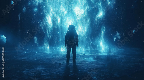 Astronaut in Full Space Suit Walking on the Moon Towards the Camera, Dark Blue Background with Stars and Planets, Space Exploration Concept