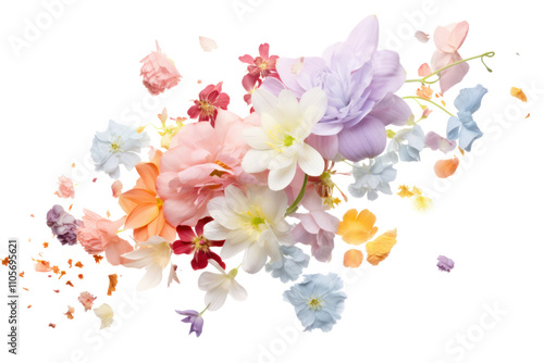 A burst of mixed flower petals in pastel tones falling in an elegant, scattered arrangement, isolated on white background