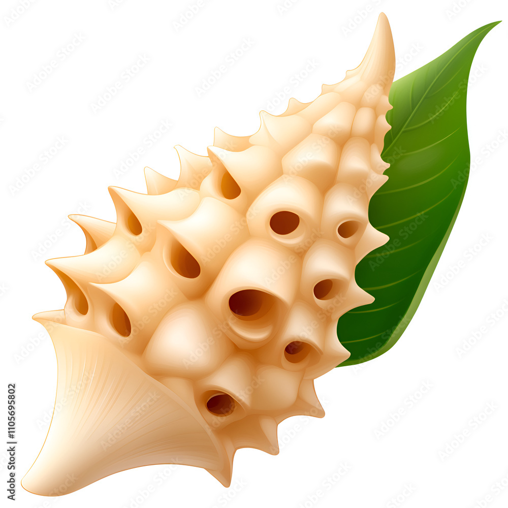 Obraz premium Shell with unique patterns and a green leaf, illustrating marine beauty and natural design, perfect for decor or crafting ideas