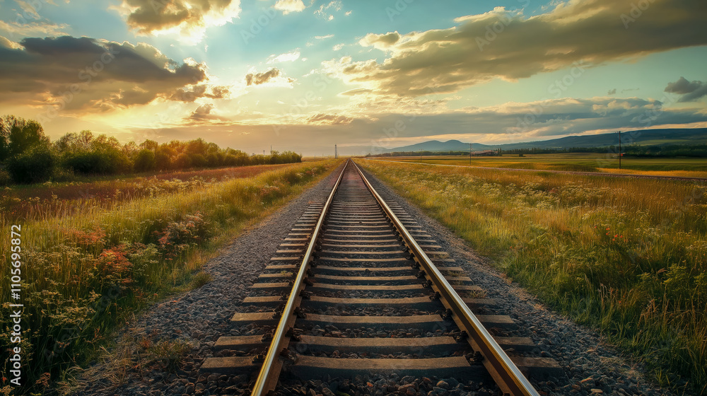 Tracks lead through a lush, green meadow towards a stunning sunset backdrop, highlighting the tranquil beauty of natures canvas. Tracks lead through a lush, green meadow towards a stunning sunset backdrop, highlighting the tranquil beauty of natures canvas.