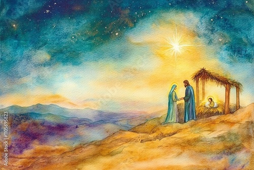 Watercolor illustration of baby Jesus in a manger, with Mary and Joseph by his side. A softly blurred Bethlehem and glowing star highlight the scene, with space below for a Christmas message.