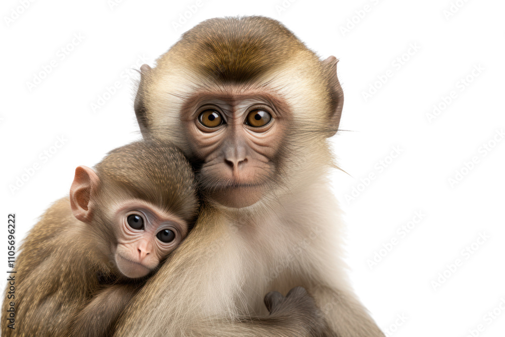 A baby monkey clinging to its mother back, showcasing a tender moment between them, isolated on white background A baby monkey clinging to its mother back, showcasing a tender moment between them, isolated on white background
