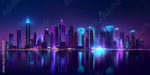 Neon Cityscape Reflecting in Still Water at Night