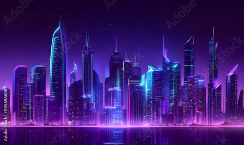 Neon Cityscape Skyline At Night Reflecting In Water