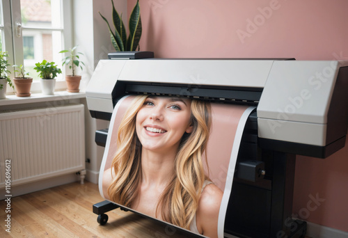 A large printer is printing a job.