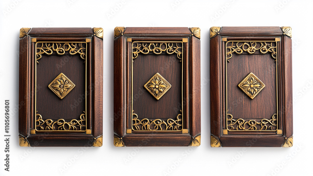 Fototapeta premium vintage wooden frames with golden ornaments isolated on a white background