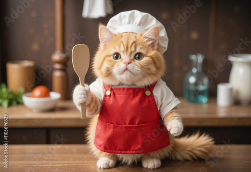 Fluffy yellow cat wearing an apron and chef's hat, Chef Cat