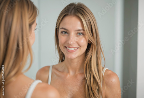 Smiling blonde teenage girl posing for a photo in the mirror, looking at herself.