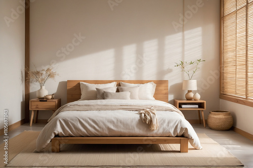 Japandi bedroom with minimal wooden furniture, neutral linen bedding