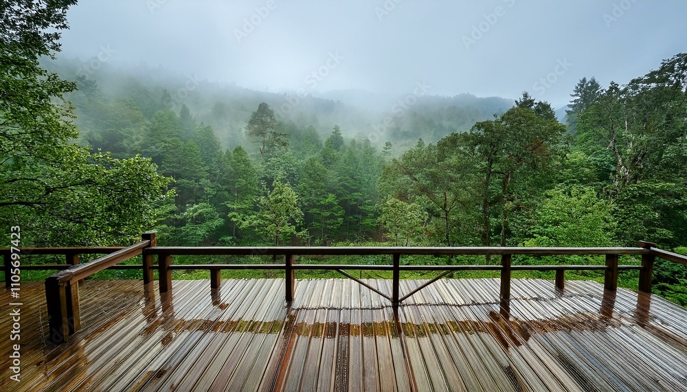 A Tranquil Wooden Balcony Overlooking a Rain-Kissed Forest A Tranquil Wooden Balcony Overlooking a Rain-Kissed Forest