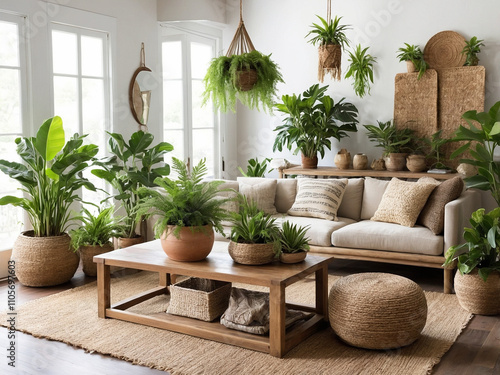 Living Room with Plants and Woven Decor Accents