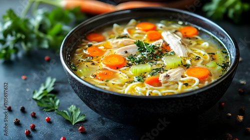 Chicken Noodle Soup in a Black Bowl with Parsley and Peppercorns - Realistic Food Photography