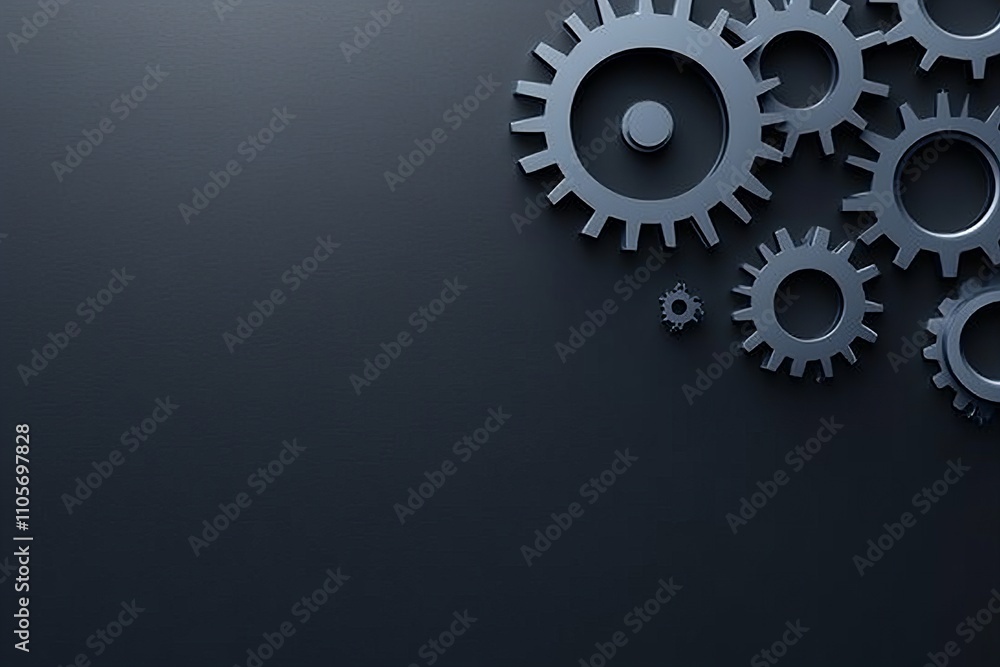 A collection of dark grey gears of various sizes in the upper-right corner against a matte black background. The image symbolizes mechanical operation, teamwork A collection of dark grey gears of various sizes in the upper-right corner against a matte black background. The image symbolizes mechanical operation, teamwork