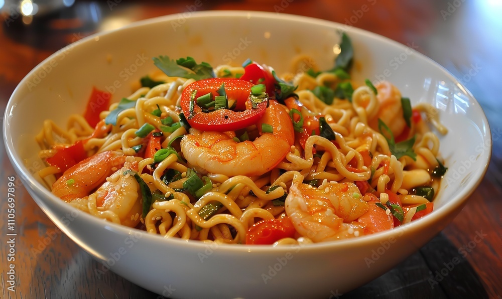A bowl of noodles accompanied by green veggies, red peppers, and shrimp, Generative AI. A bowl of noodles accompanied by green veggies, red peppers, and shrimp, Generative AI.
