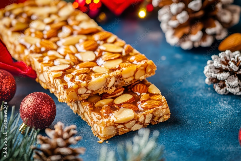 almond and nut bars with festive christmas background almond and nut bars with festive christmas background