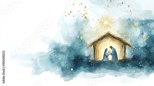 Watercolor illustration of baby Jesus in a manger, with Mary and Joseph by his side. A softly blurred Bethlehem and glowing star highlight the scene, with space below for a Christmas message.