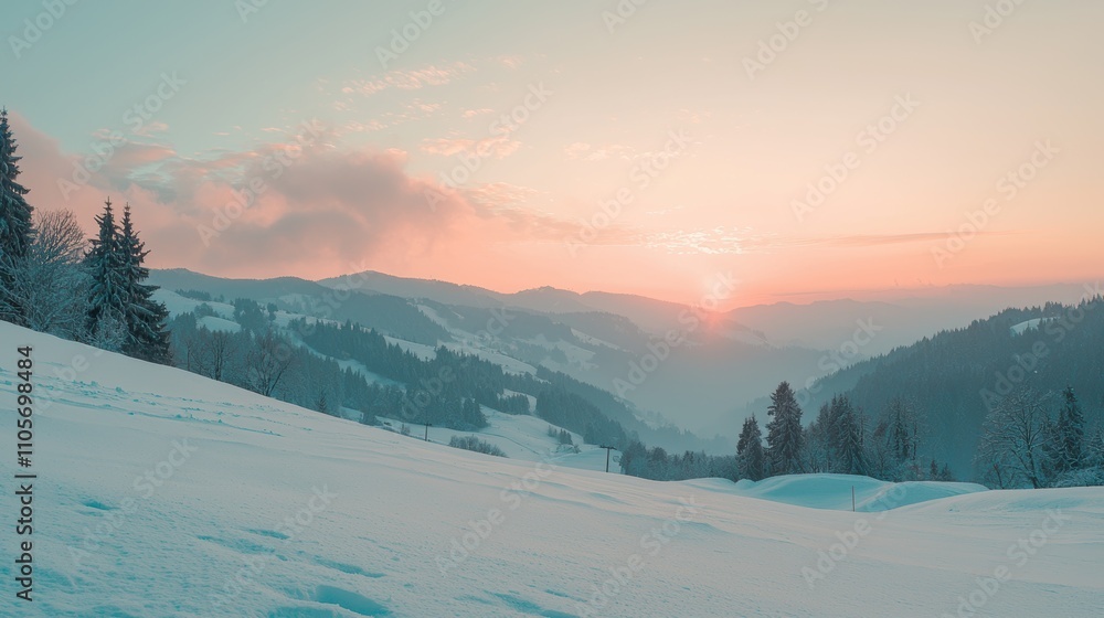 Serene Winter Landscape at Dusk in Snowy Mountain Range Serene Winter Landscape at Dusk in Snowy Mountain Range