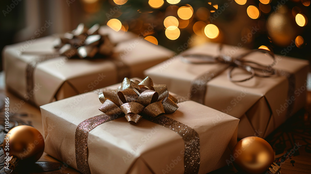 Christmas Eco Gifts Boxes in Kraft Paper with splash Balls and snow Christmas Eco Gifts Boxes in Kraft Paper with splash Balls and snow