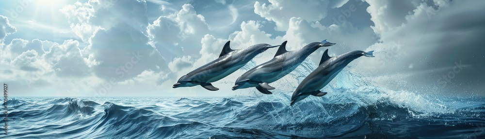 Fototapeta premium Dolphins leaping out of blue ocean under cloudy sky