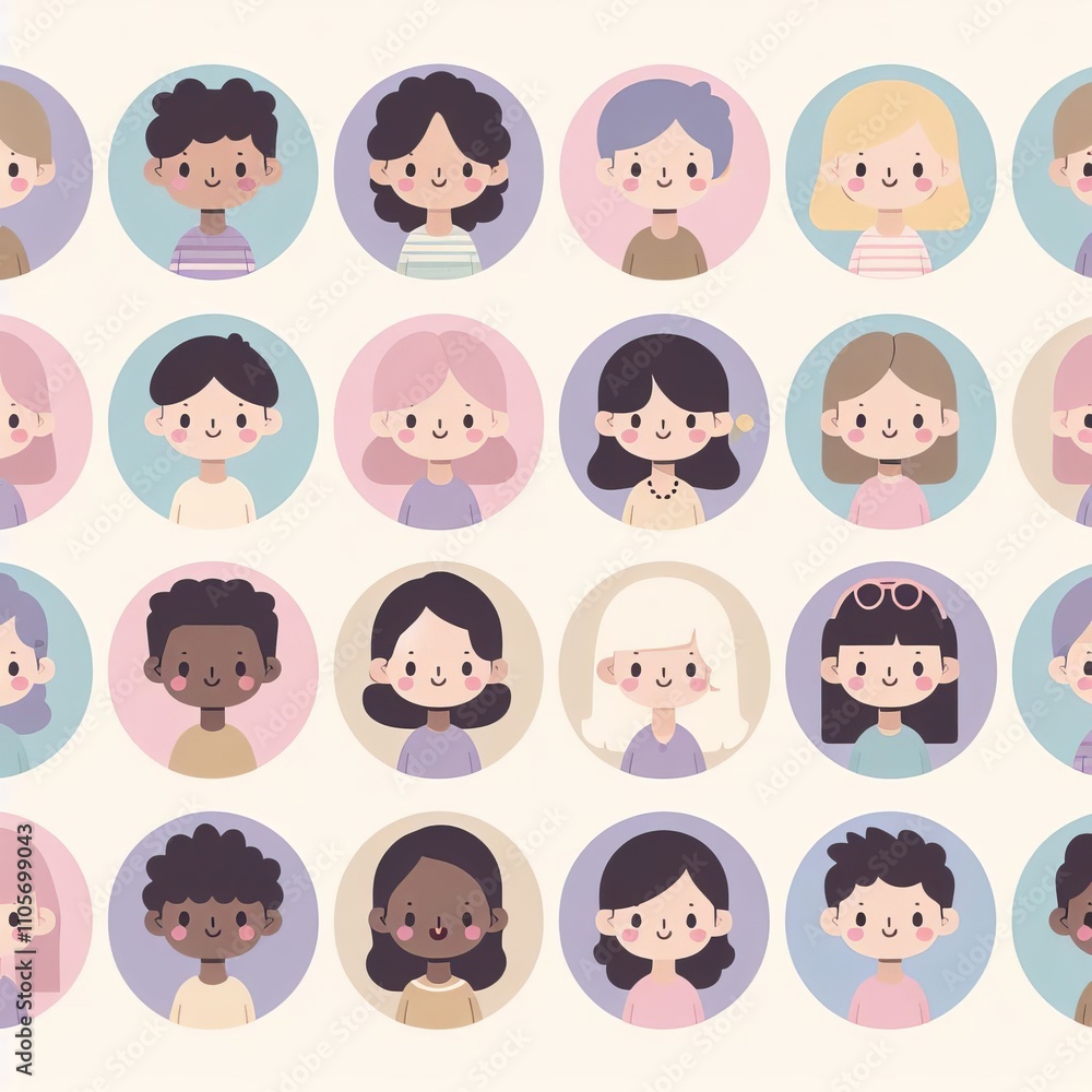 A vibrant array of cartoon characters displaying different hairstyles and smiles in colorful circular backgrounds. A vibrant array of cartoon characters displaying different hairstyles and smiles in colorful circular backgrounds.