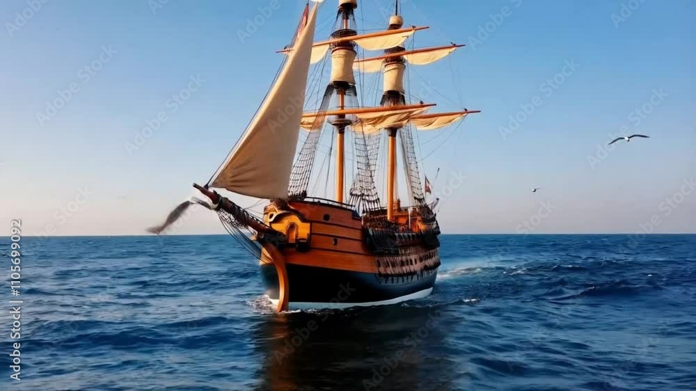 Majestic Sailing Ship with Seagulls in Open Sea Majestic Sailing Ship with Seagulls in Open Sea