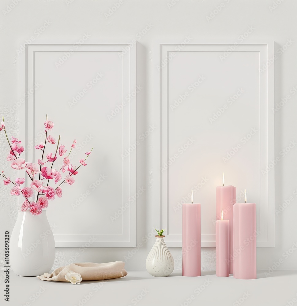 Minimalist white interior with pink flowers. candles and white frames on the white wall Minimalist white interior with pink flowers. candles and white frames on the white wall