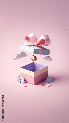 A floating gift box opens with a colorful bow, surrounded by playful decor in a light pink setting.