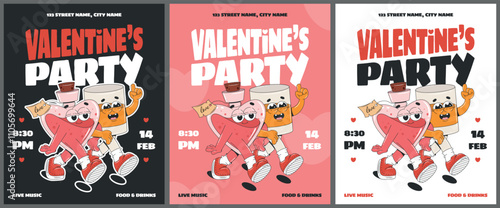 Valentines Day party invitation templates with groovy cartoon love potion and whisky characters. Design for flyer, poster, banner or greeting card. Love concept.