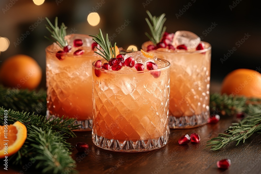 Festive Christmas drinks with pomegranate seeds, rosemary, and ice, served in glasses on a wooden table with pine branches and tangerine peels. Festive Christmas drinks with pomegranate seeds, rosemary, and ice, served in glasses on a wooden table with pine branches and tangerine peels.