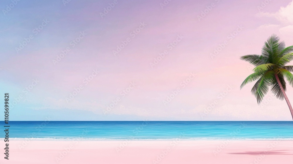 Fototapeta premium Tranquil Tropical Beach with Palm Tree and Turquoise Ocean Horizon at Sunset