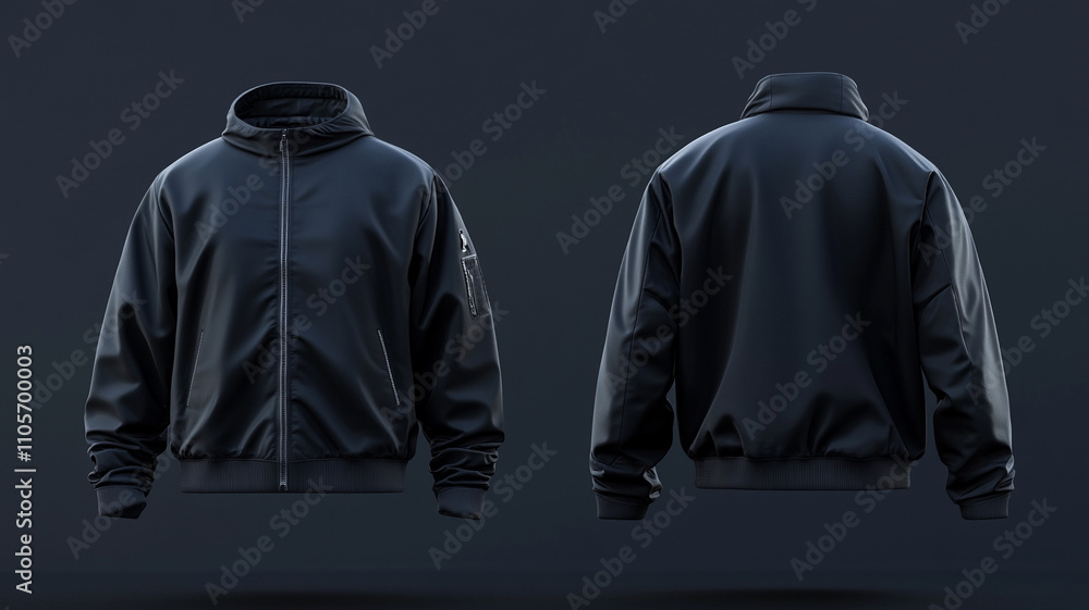 Black jacket with front and back view on a dark background. Black jacket with front and back view on a dark background.