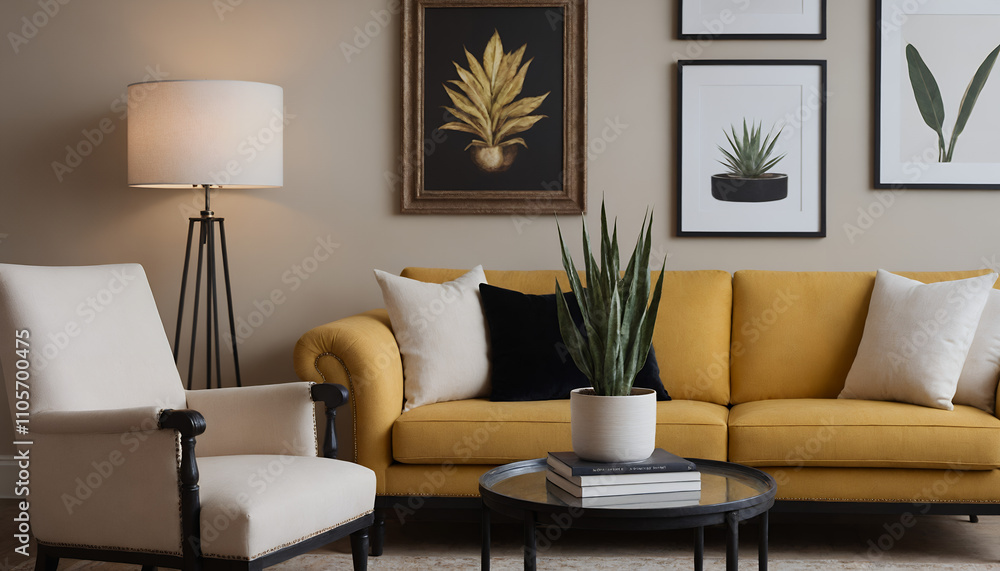 Fototapeta premium A modern living room with a yellow fabric sofa set against a soft colour wall featuring vertical poster frames in wooden frame borders 3d illustration mock-up template.