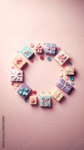 Beautifully wrapped gift boxes form a circular display on a soft pink backdrop, ideal for celebrations or holidays.