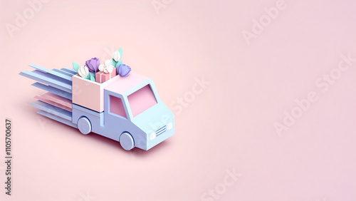 A lively delivery truck loaded with flowers and gifts zooms across a soft pink backdrop, radiating joy.