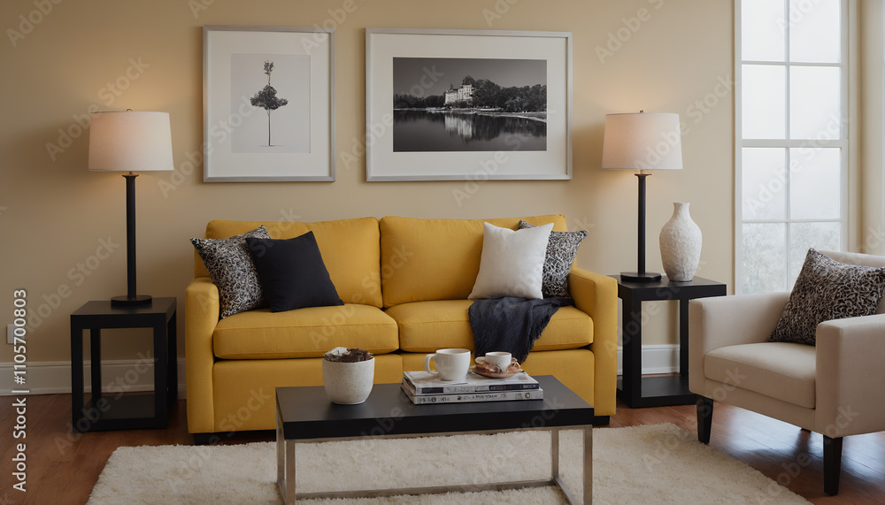 Fototapeta premium A modern living room with a yellow fabric sofa set against a soft colour wall featuring vertical poster frames in wooden frame borders 3d illustration template