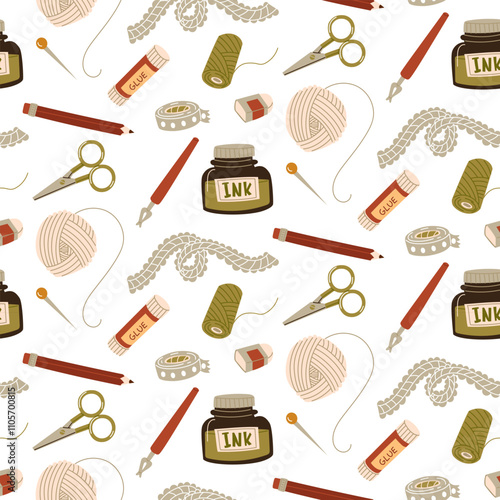 A scrapbooking pattern. Tools, materials and equipment for handwork, needlework and creative hobbies. Pencil, tape, ink, scissors. A package of flat illustrations on a white background.