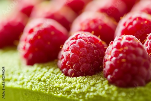 This image beautifully captures ripe raspberries placed atop a lush green cake surface, offering a rich texture and vibrant colors that entice the senses aesthetically. photo