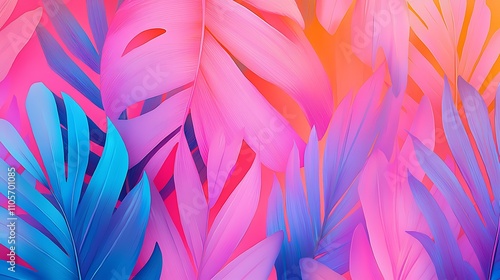 Vibrant Tropical Leaves in Colorful Watercolor Effect Creating a Lively and Serene Background Ideal for Art and Design Projects