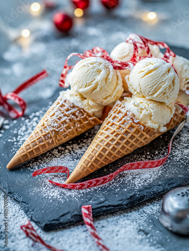 Eggnog Ice Cream Served on a Slate Platter with Crispy Scandinavian Krumkake Cones, Sprinkled with Powdered Sugar and Adorned with Traditional Red-and-White Braided Ribbons photo