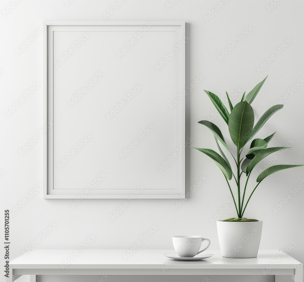 Blank frame mockup on white table with plant and coffee cup Blank frame mockup on white table with plant and coffee cup
