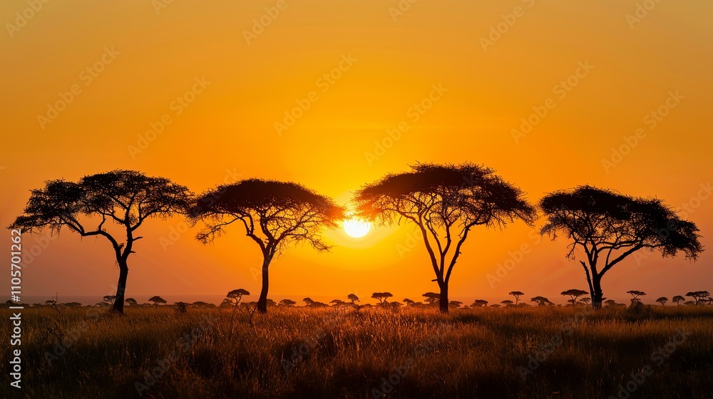 African savanna sunset silhouetted by acacia trees and vibrant orange sky. African savanna sunset silhouetted by acacia trees and vibrant orange sky.