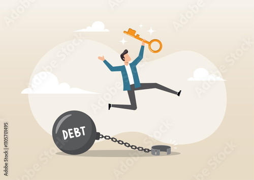 Happy businessman holding golden key after unlock debt burden chain