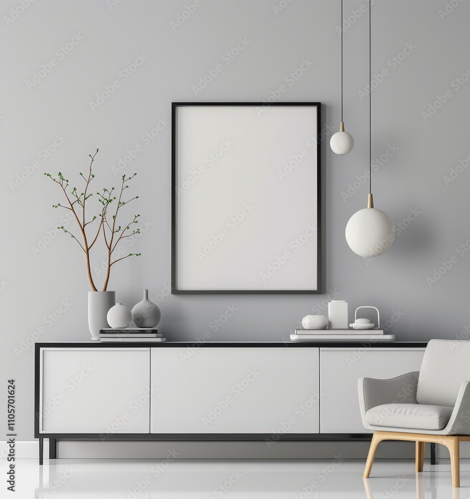 Obraz premium Minimalist living room interior with a white console. a gray armchair. and a blank frame mockup on the wall