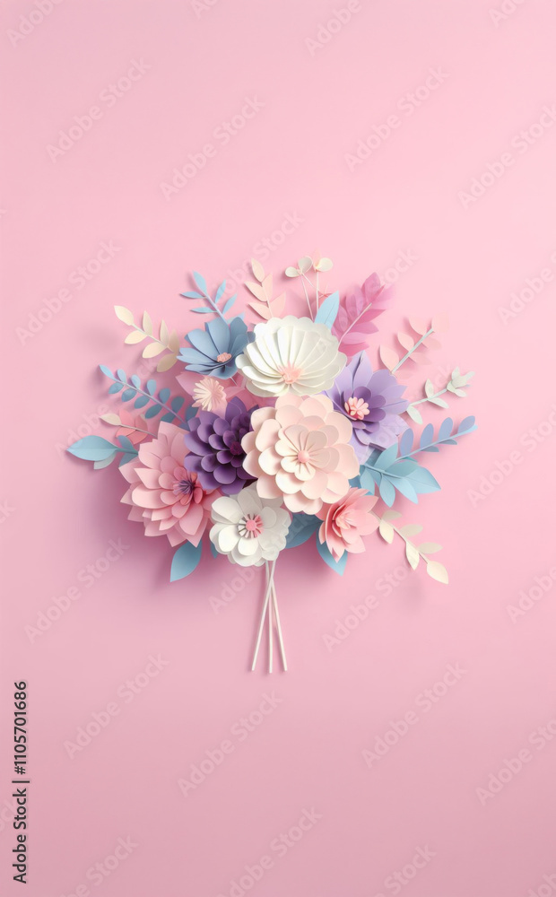 A vibrant collection of paper flowers in various pastel shades arranged artistically on a pink backdrop. A vibrant collection of paper flowers in various pastel shades arranged artistically on a pink backdrop.